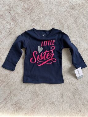 Carter's Navy Long-Sleeve Tee with Pink 'Little Sister' Script and Silver Heart